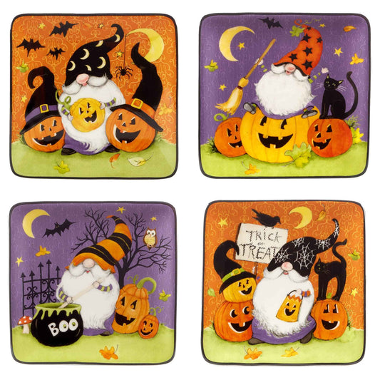 Certified International Halloween Gnomes 6" Canape/Luncheon Square Plates, Multicolor, Small, Set of 4