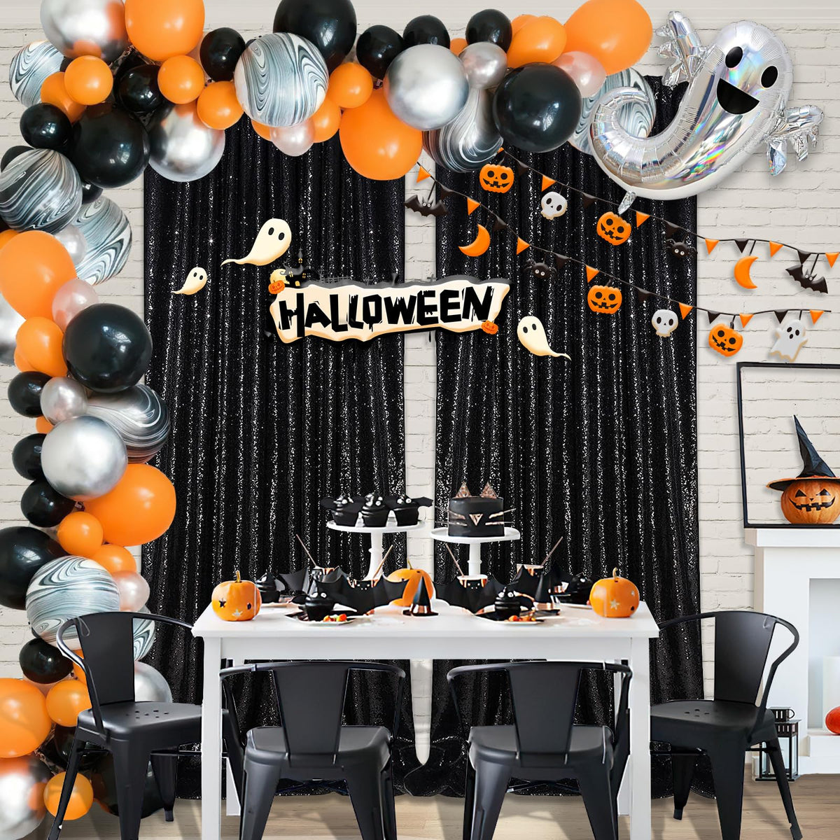 Black Sequin Backdrop 2 Panels 2FTx8FT Halloween Backdrop Curtains Party Decorations Birthday Wedding Photo Backdrop