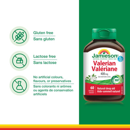 Jamieson Valerian 400 mg, Calming, Melatonin-Free, Natural Herbal-Based Sleep Aid, Reduces Nervousness and Restlessness. Gluten-Free, 60 Softgels, Proudly Canadian 🍁 All In One Marketplace Canada