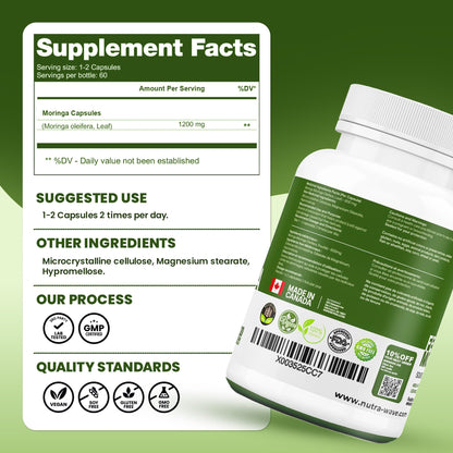 Nutrawave ORGANIC MORINGA LEAF Capsules 1200mg High Potency (2 x 600mg) – Gluten Free, Non-GMO, Vegan-Friendly Antioxidant Supplement -120 Capsules 🍁 All In One Marketplace Canada