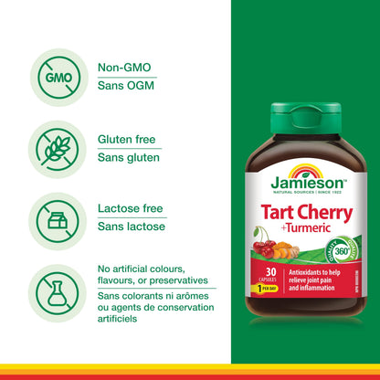 Jamieson Turmeric 100 mg with Tart Cherry 500 mg, Provides Natural Joint Pain Relief, Supports Inflammation, and Helps with Digestion. Non-GMO, 30 Vegetarian Capsules, Proudly Canadian 🍁 All In One Marketplace Canada