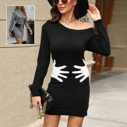 Women's Tropical Palm Print Knit Dress – Elegant One Shoulder Bodycon Fashion Dress