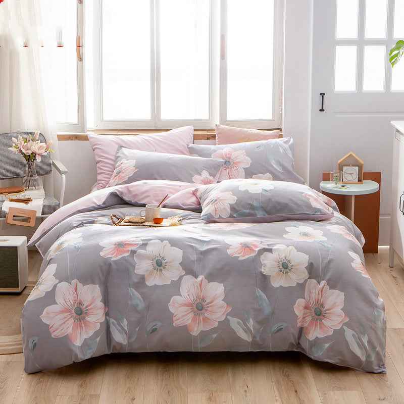 Cotton 4-Piece Bedding Set – Floral Plant Print Bed Linen Set with Duvet Cover