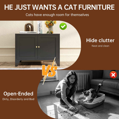 Metal Cat Litter Box Enclosure – Modern Hidden Litter Box Cabinet with Side Entry, Black