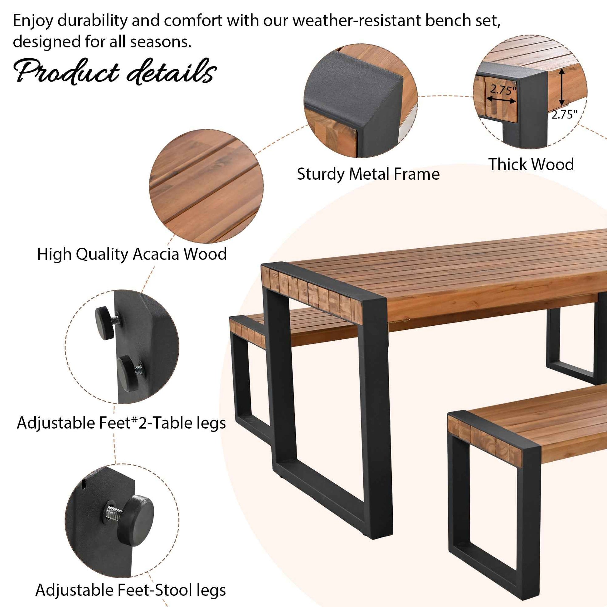 3-Piece Outdoor Dining Set with Acacia Wood Table & 2 Benches – Steel Frame Patio Furniture, Natural (US Delivery Only)