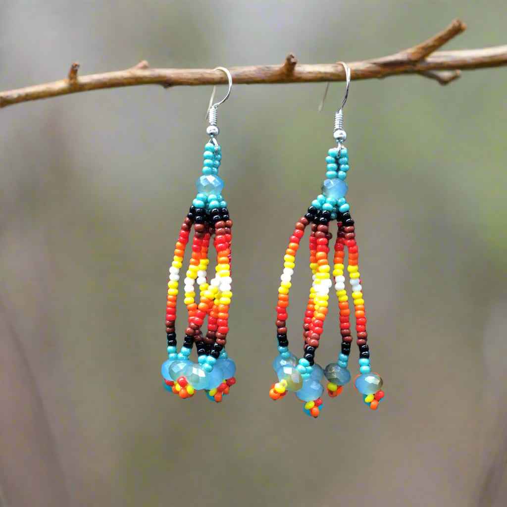 Turquoise Six-Strand Beaded Cascade Earrings