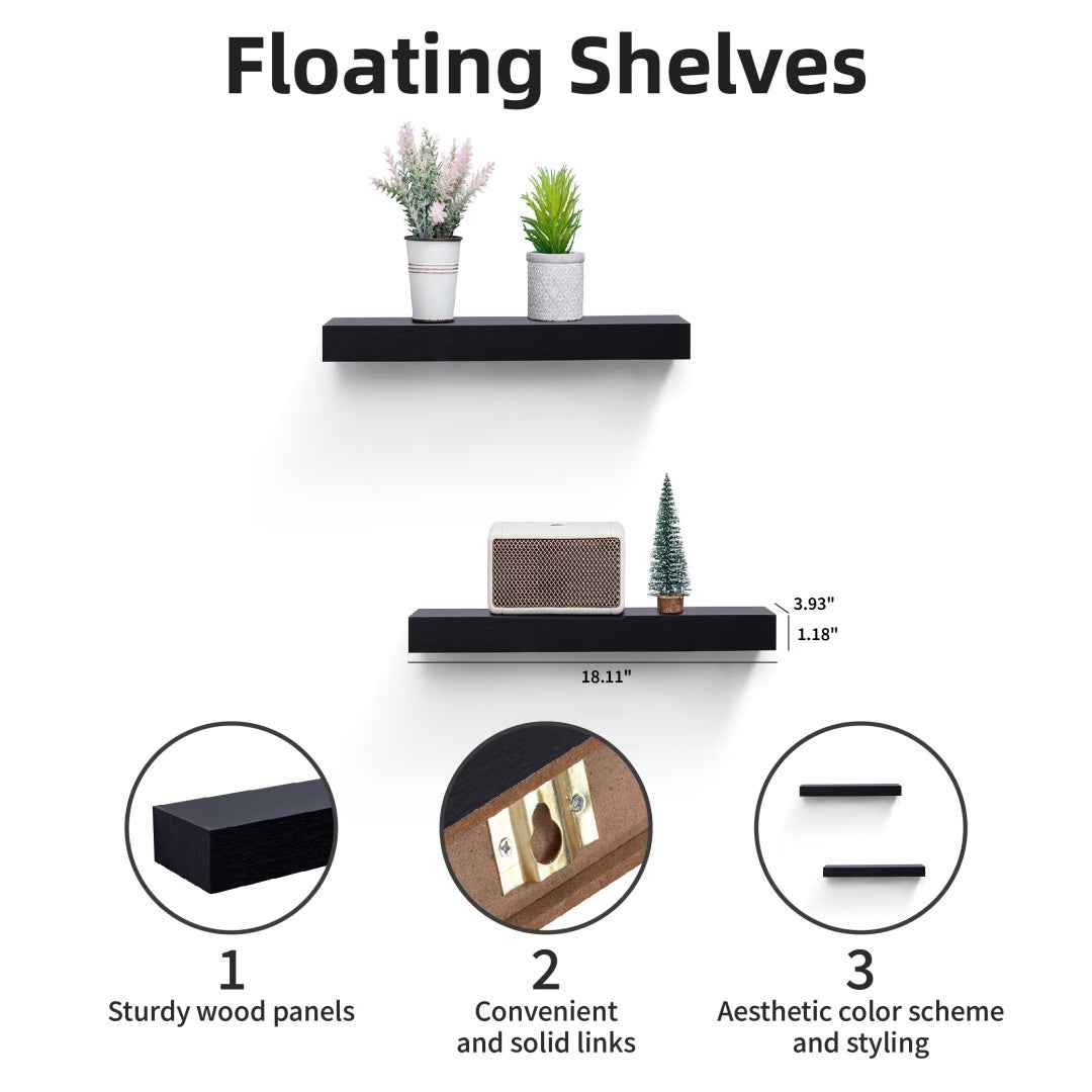 Floating Shelves  15.75 Wall Mounted Wood Shelves For Bathroom, Bedroom, Living Room, Kitchen, Hanging Shelf For Books Storage Decor With Invisible Brackets, Built-in LED Lighting, Black
