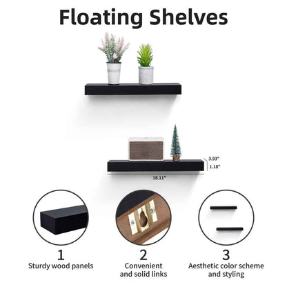 Floating Shelves  15.75 Wall Mounted Wood Shelves For Bathroom, Bedroom, Living Room, Kitchen, Hanging Shelf For Books Storage Decor With Invisible Brackets, Built-in LED Lighting, Black