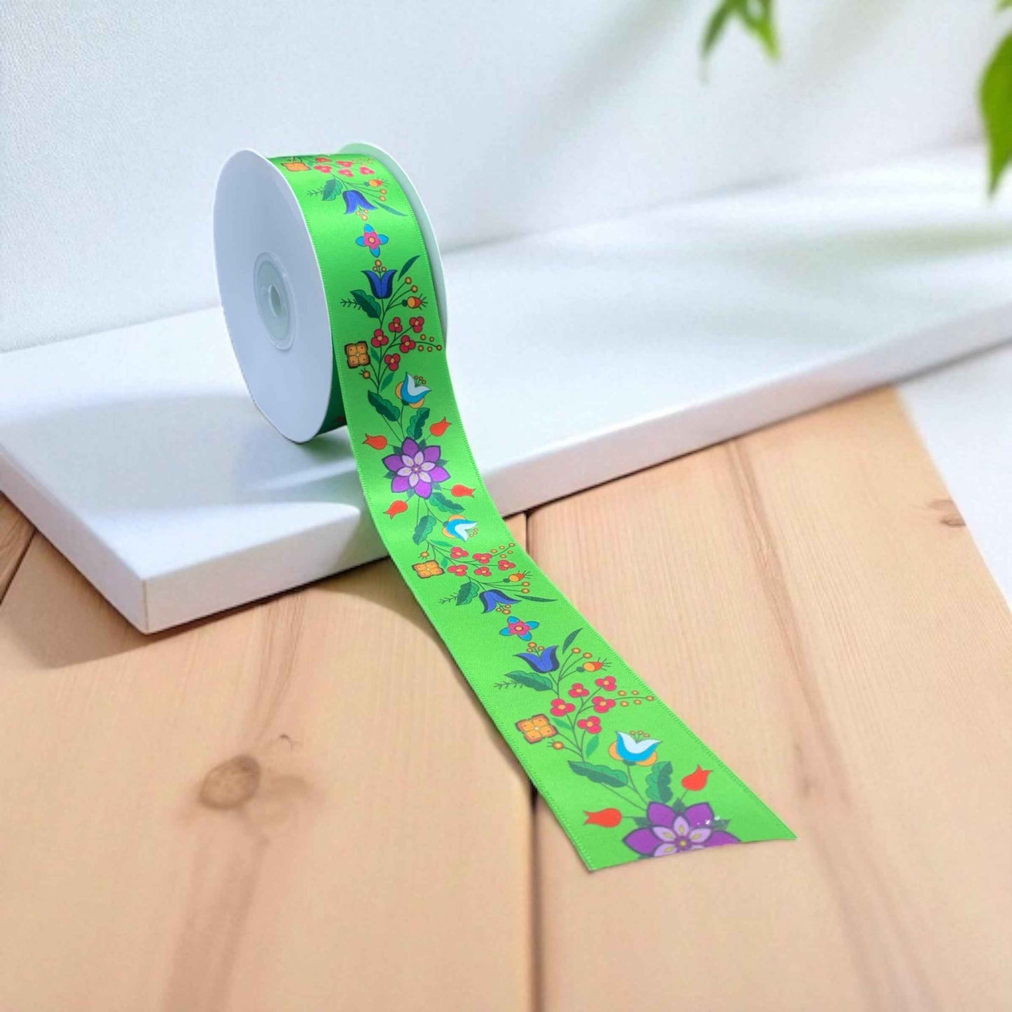 Neon Green Double Face Floral Ribbon Roll