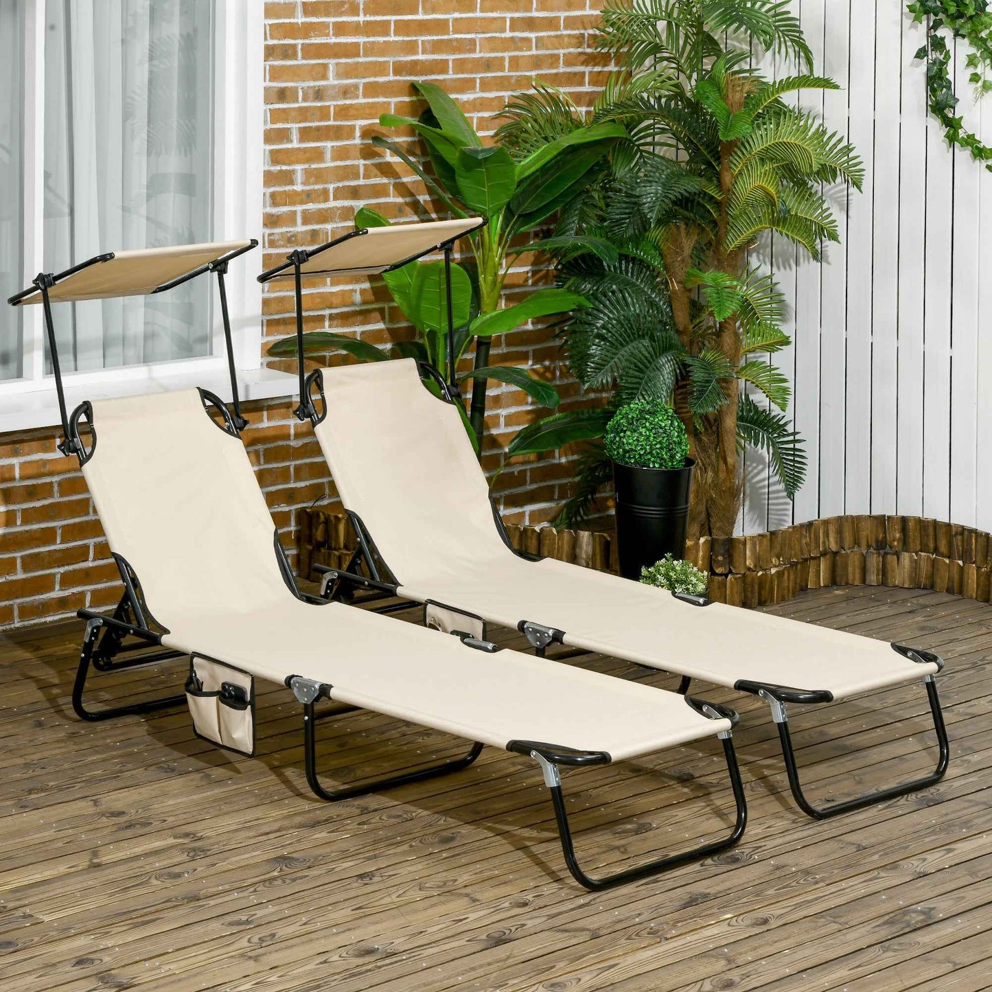 Chaise Lounge Pool Chairs Set of 2 – Folding Outdoor Sun Loungers with 5-Position Reclining Backrest & Adjustable Sunshade, Tan (Deliver to United States Only)