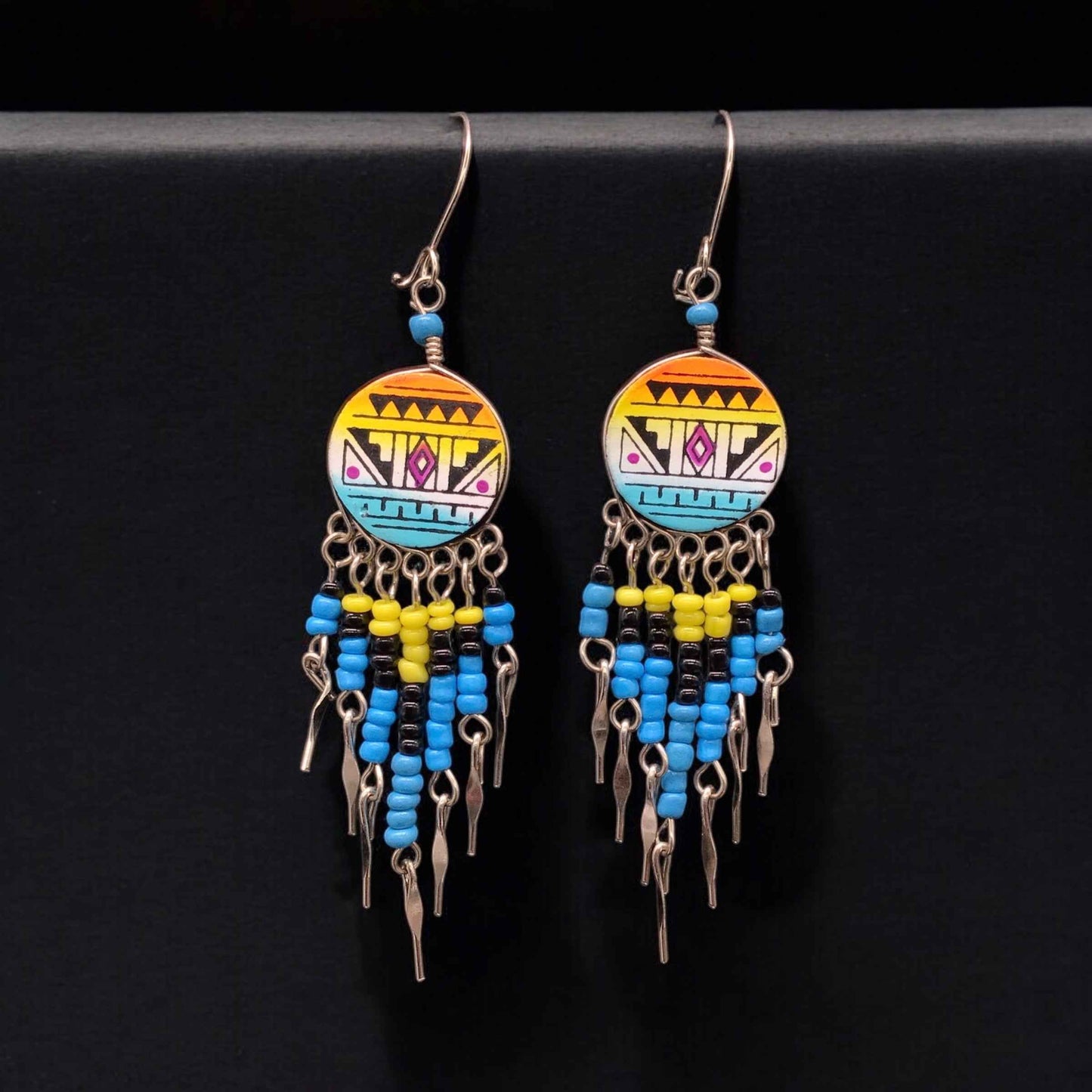 Yellow and Turquoise Southwestern Round Shaped Dangle Earrings