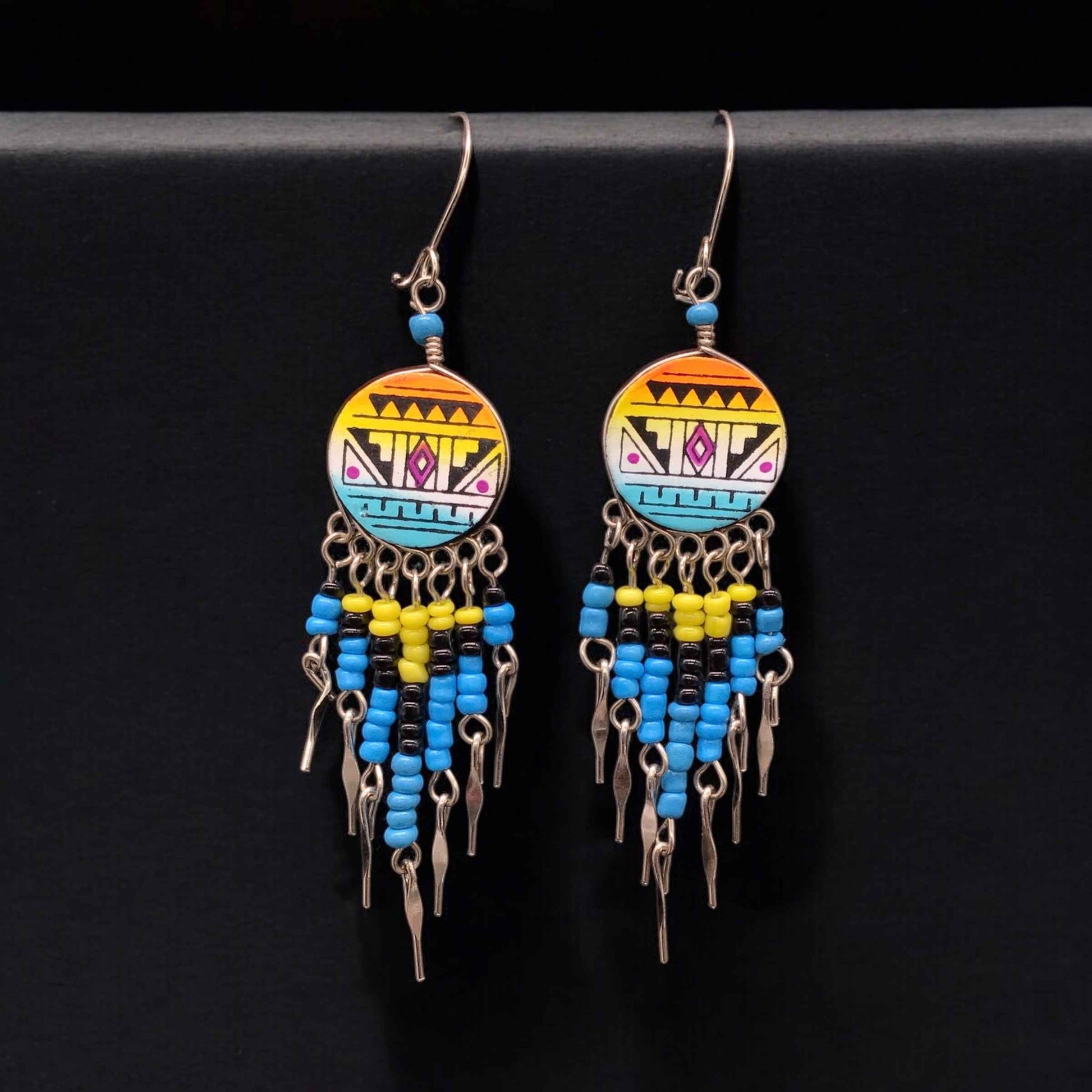 Yellow and Turquoise Southwestern Round Shaped Dangle Earrings