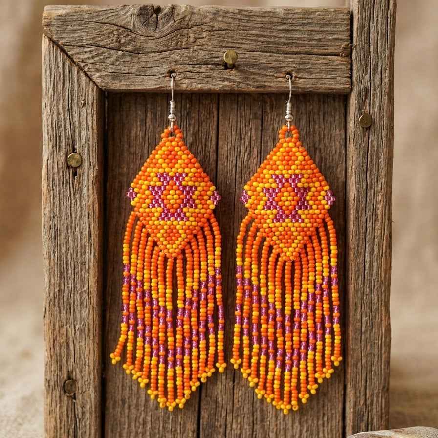 Fringe Bead Drop Earrings (Orange)
