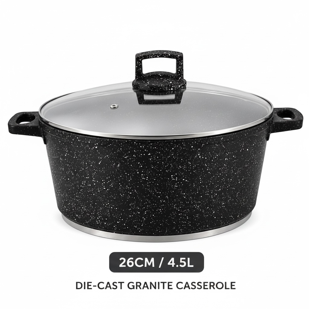 Die-Cast Granite Non-Stick Casserole Pot with Glass Lid — 26cm | 5.4L