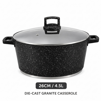 Die-Cast Granite Non-Stick Casserole Pot with Glass Lid — 26cm | 5.4L