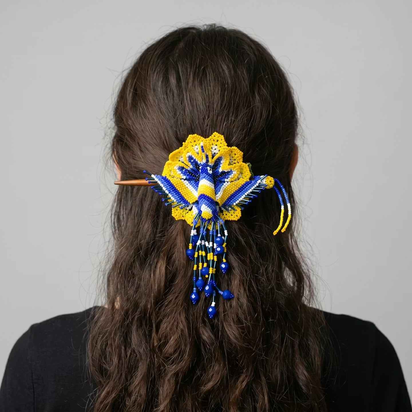 Maple Blossom Hummingbird Beaded Hair Stick Barrette Yellow