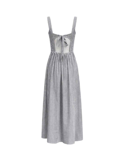 Jules - Lightweight Tie Back Midi Dress In Black Stripe