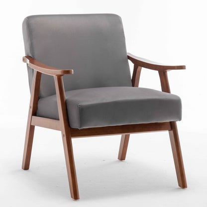 Grey Velvet Accent Chair – Mid-Century Modern Upholstered Armchair with Solid Wood Frame