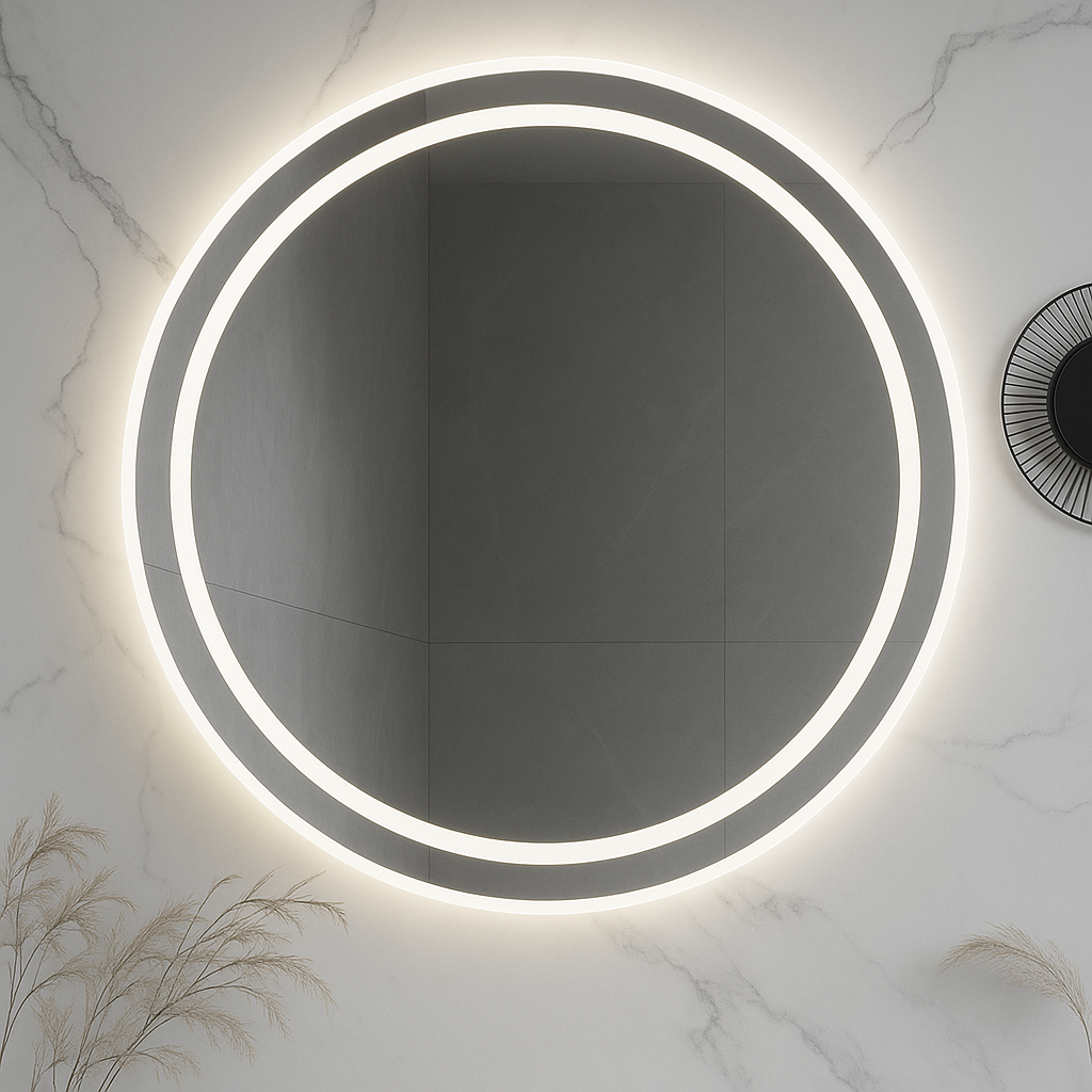 Ondelle Round LED Bathroom Mirror — Front-Lit Ring + Backlit Halo, Anti-Fog, Dimmable | 24″, 28″, 32″