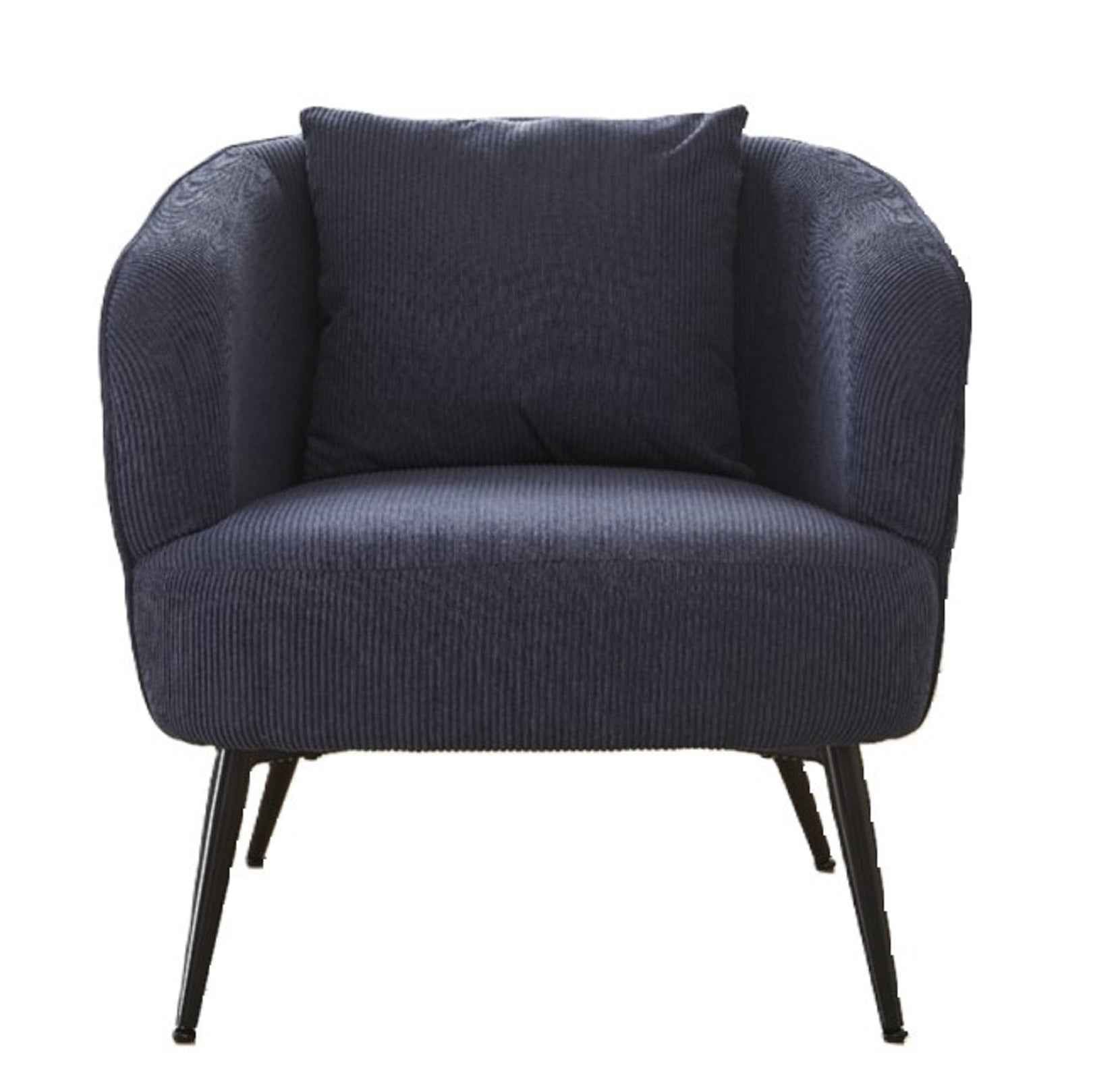 Velvet Accent Chair with Pillow – Modern Upholstered Barrel Armchair with Metal Legs, Blue (US Delivery Only)