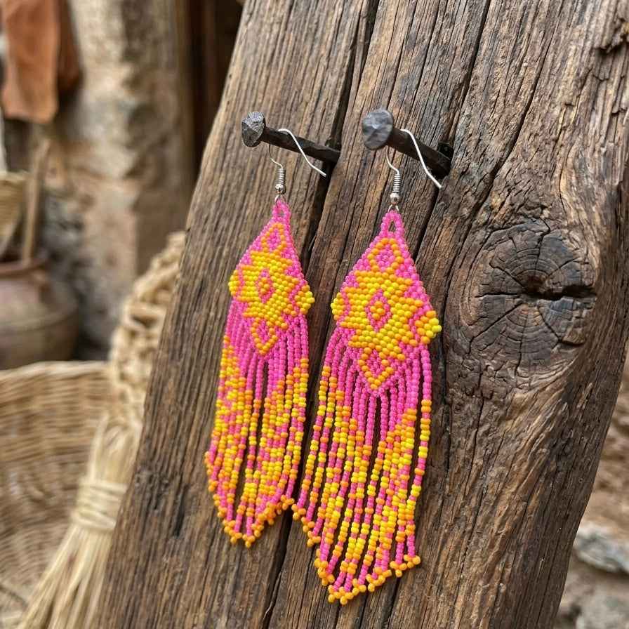 Fringe Bead Drop Earrings (Pink)