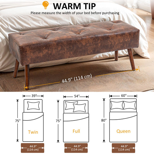 Brown Bedroom Bench – Button-Tufted PU Leather End-of-Bed & Entryway Bench (United States & Canada Delivery Only)