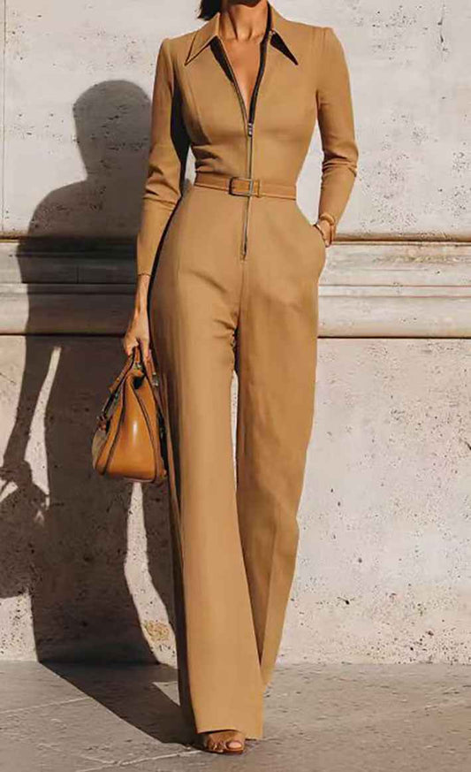 Women’s Autumn Winter V-Neck Belted Long-Sleeve Jumpsuit – Zip-Up Straight-Leg One-Piece