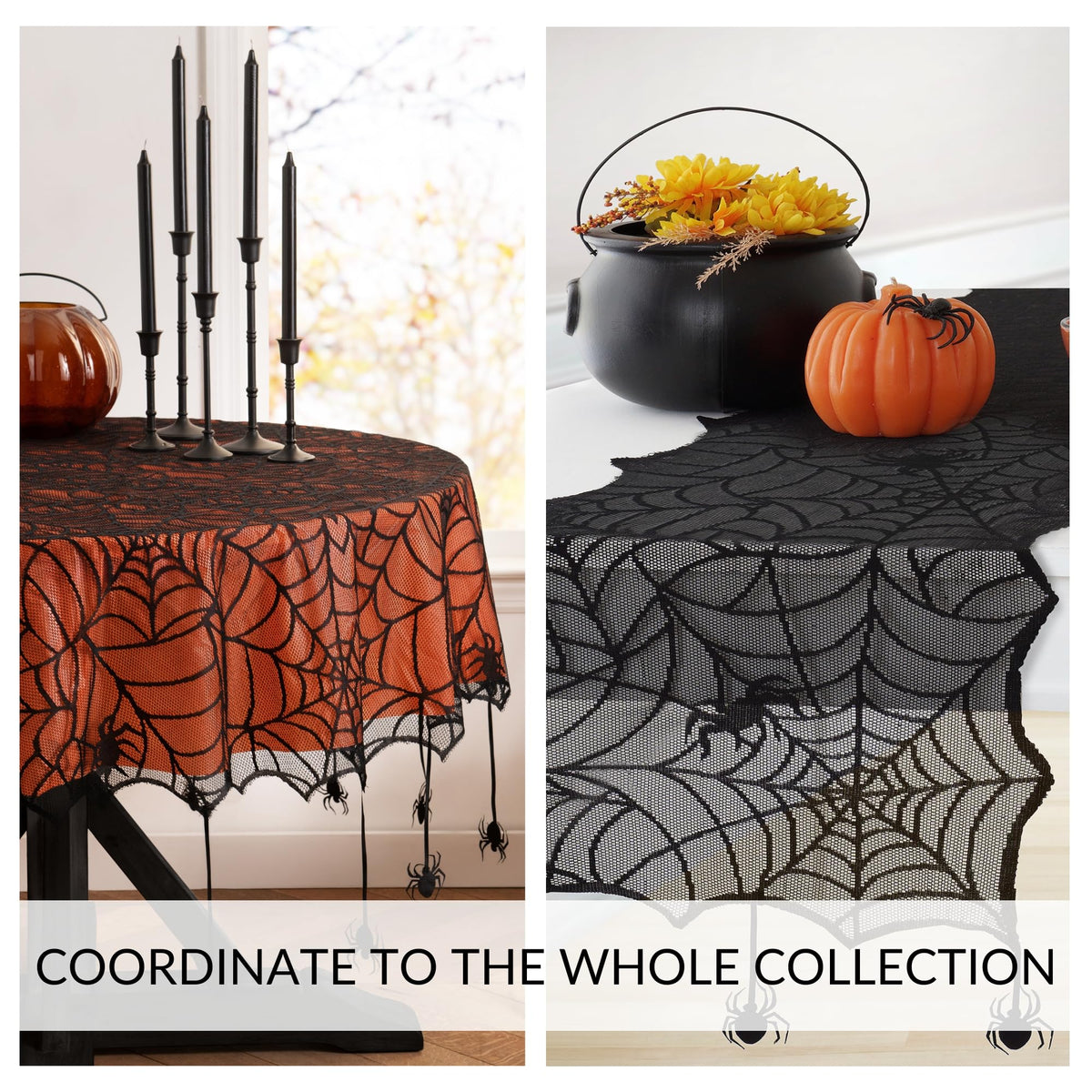 Elrene Home Fashions Crawling Halloween Spider Lace Lined Tablecloth, Black/Orange, 60" x 84" (Tablecloth)