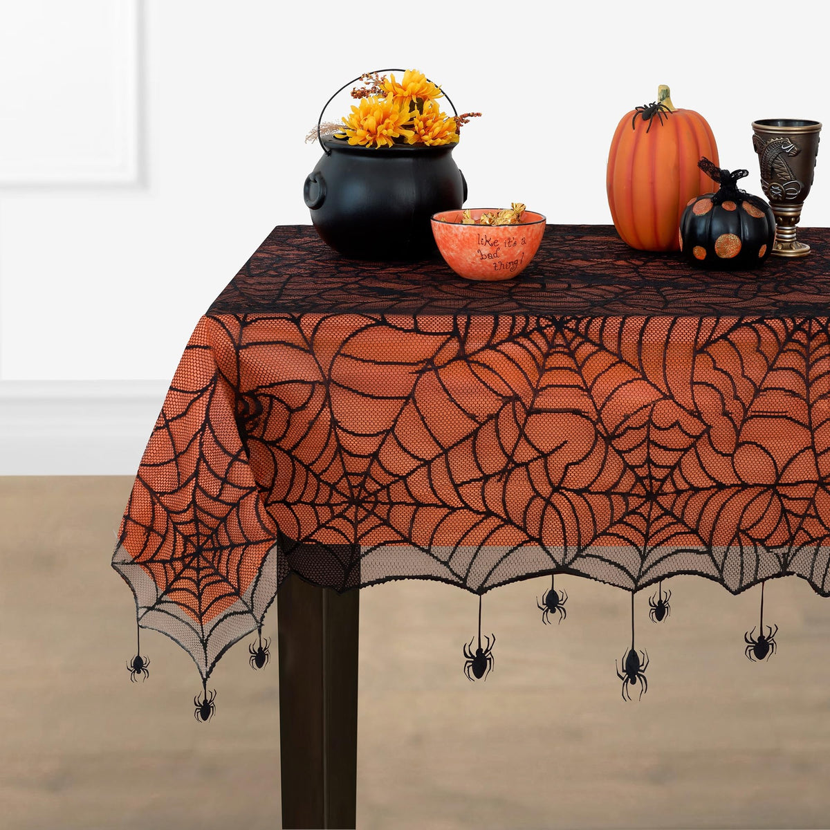 Elrene Home Fashions Crawling Halloween Spider Lace Lined Tablecloth, Black/Orange, 60" x 84" (Tablecloth)