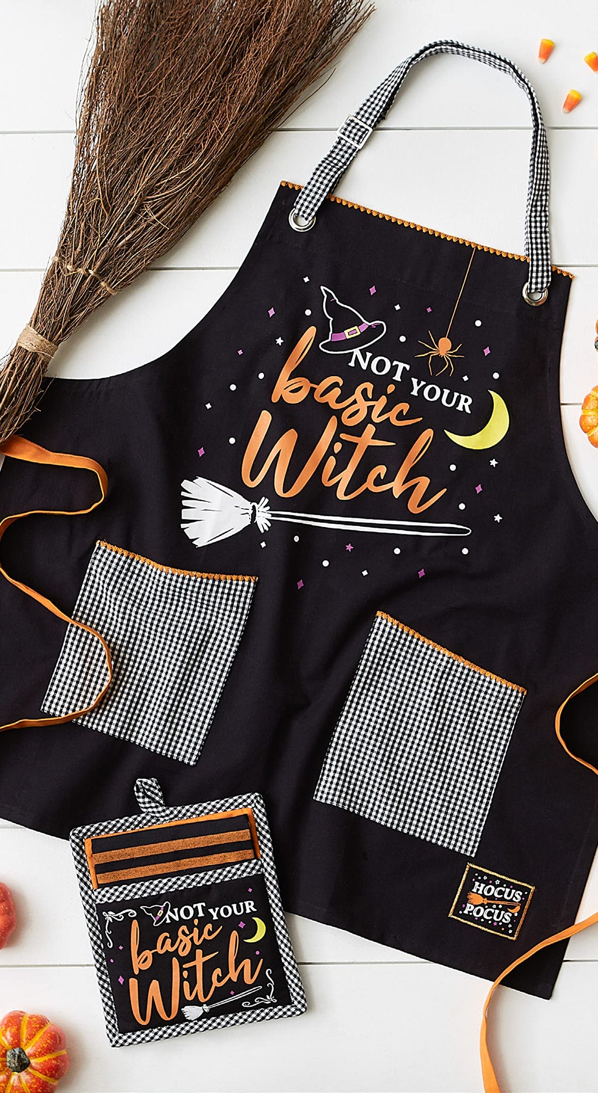 DII Happy Halloween Collection Goth Style Spooky Kitchen Apron, One Size, Basic Witch
