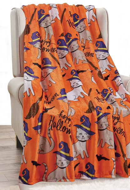 Elegant Comfort Lightweight Printed Throw Blanket- All Season, Ultra Soft, Cozy and Plush- Decorative Throw Blankets, Perfect for Lounging, 50 x 60 inches, Halloween Cats, Throw Blanket