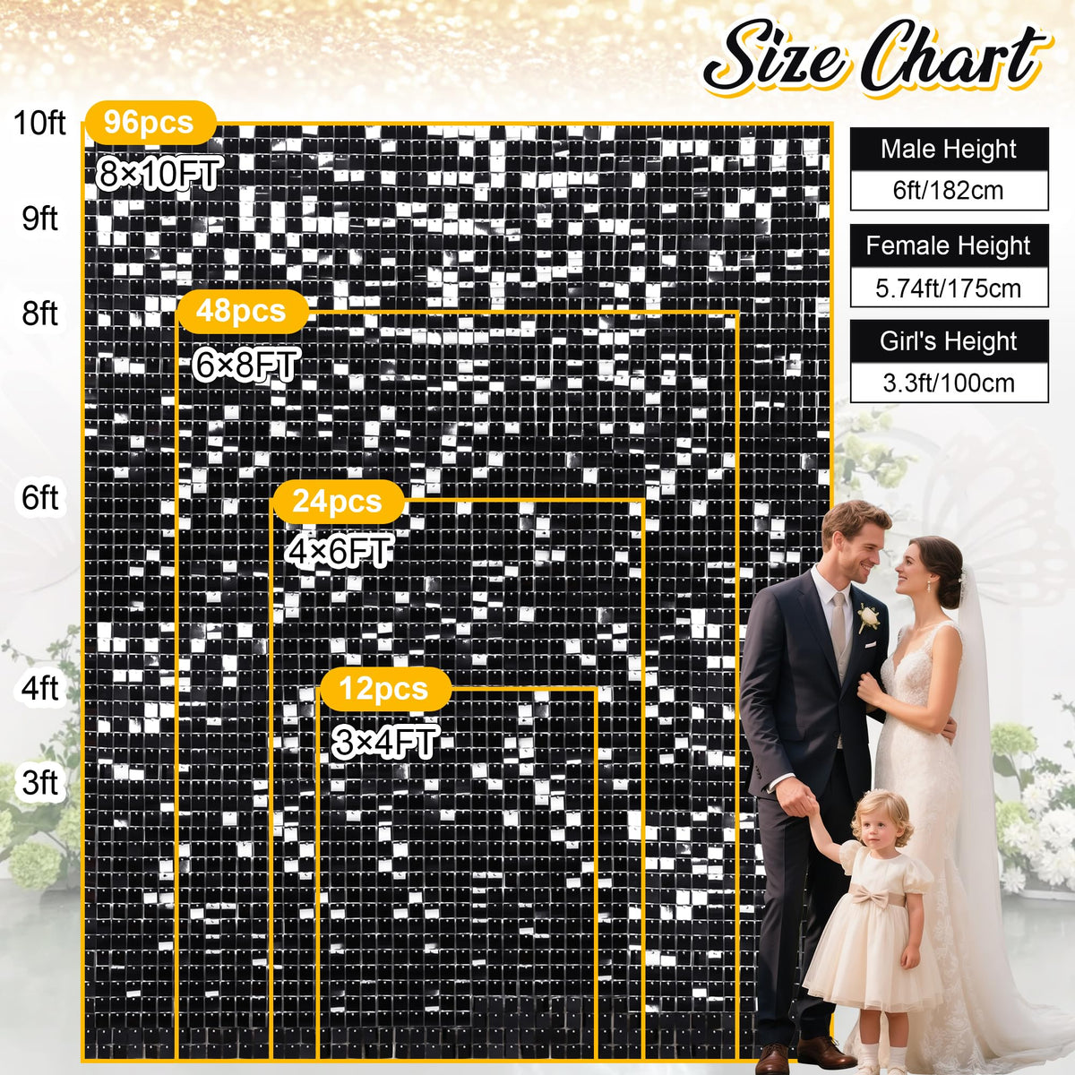 Black Shimmer Wall Backdrop Square Sequin Shimmer Backdrop for Birthday Anniversary Wedding Engagement Halloween Backdrop Decoration (24 Panels)