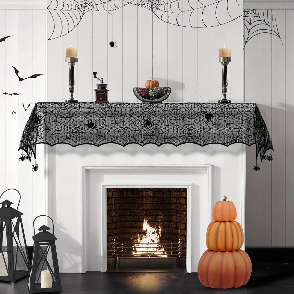 Elrene Home Fashions Crawling Halloween Spider Lace Table Runner, 13" x 70", Black