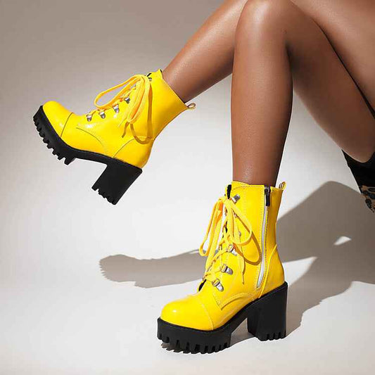 Women's Mid-Calf Patent Leather Boots – High Heel Riding Style Fashion Footwear