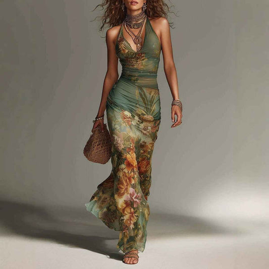 Women's Floral Halter Maxi Dress – Sexy Backless Lace-Up Summer Vacation Dress