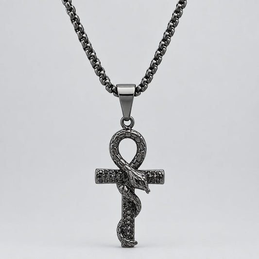 Men’s Black IP Stainless Steel Snake & Cross Pendant Biker Necklace