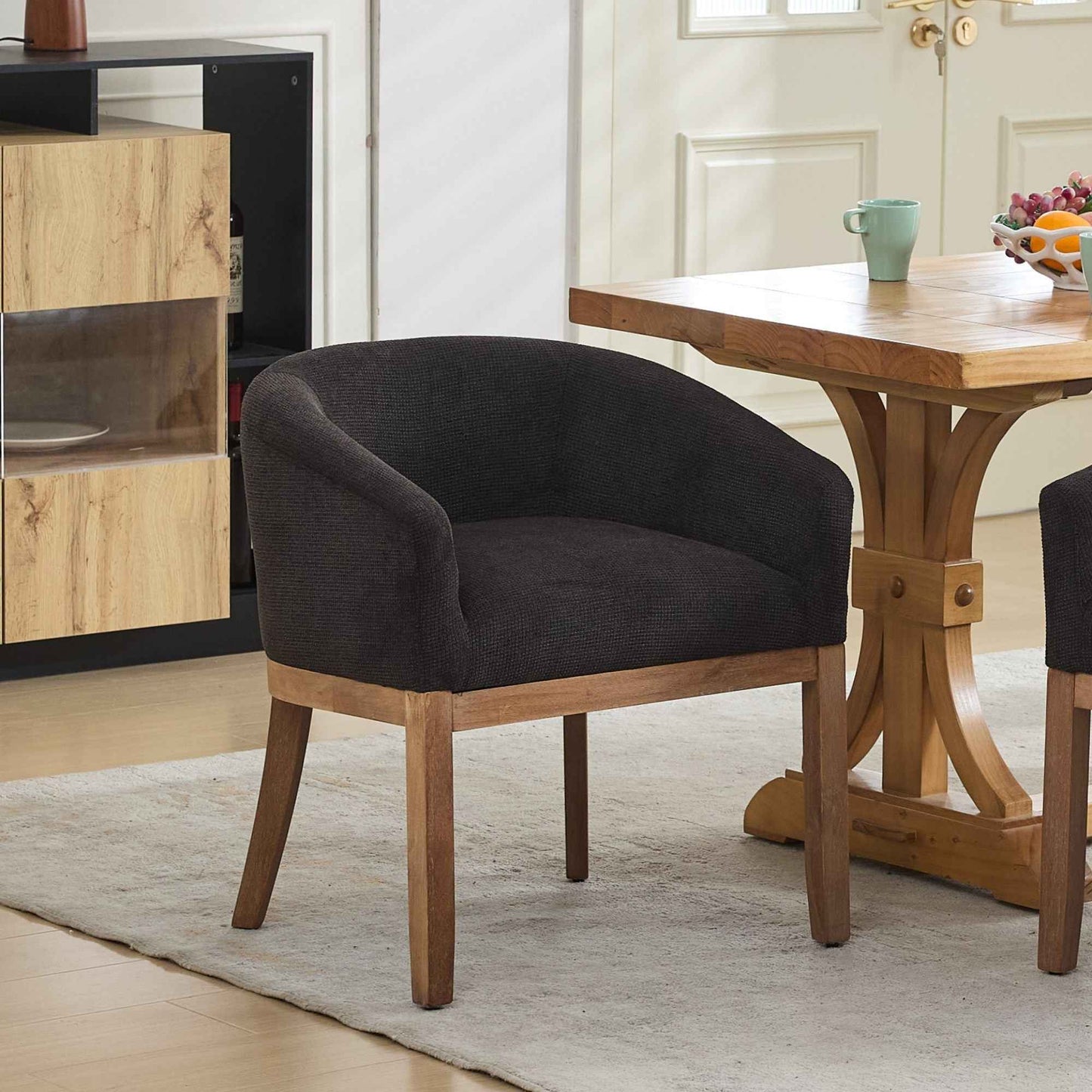 Mid-Century Modern Barrel Dining Chair with Arms – Black Upholstered Linen Accent Chair with Natural Rubberwood Frame (United States Delivery Only)