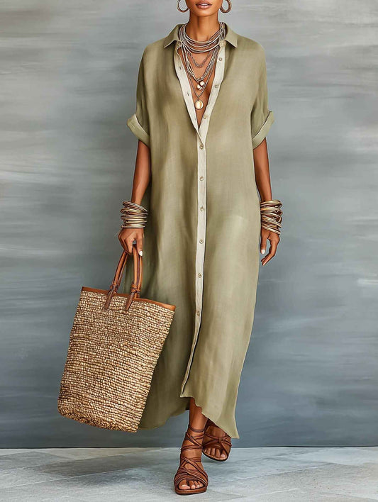 Women's Summer Maxi Shirt Dress – Lapel Collar Button-Up Casual Dress
