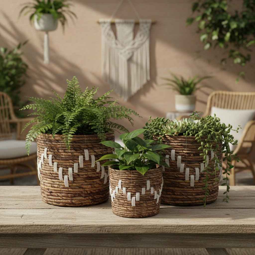 Banana Leaf & Macrame ZigZag Planter Basket