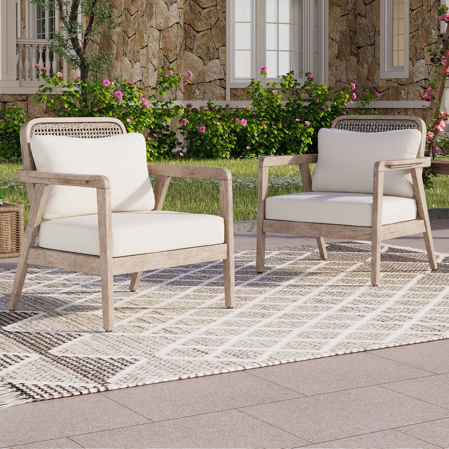 Set of 2 Outdoor Acacia Wood Patio Club Chairs – Deep Seating with Thick Cream Cushions (United States Delivery Only)