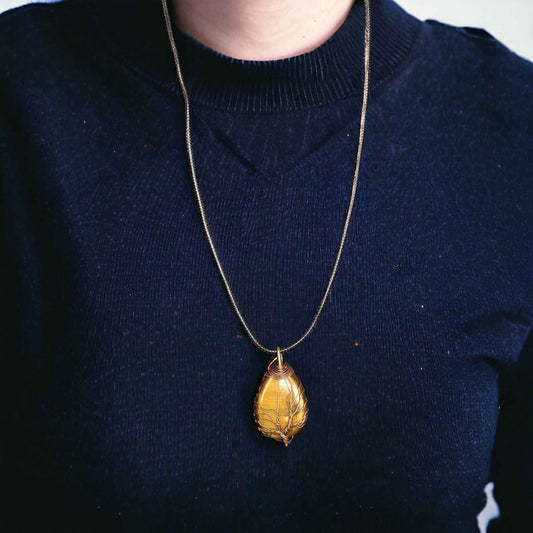 Yellow golden tiger eyes Gemstone Pendant Wrapped w/  bronze  Tree of Life