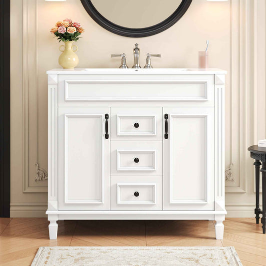 36-Inch White Bathroom Vanity with Ceramic Sink – Modern Storage Cabinet with 2 Soft-Close Doors & 2 Drawers