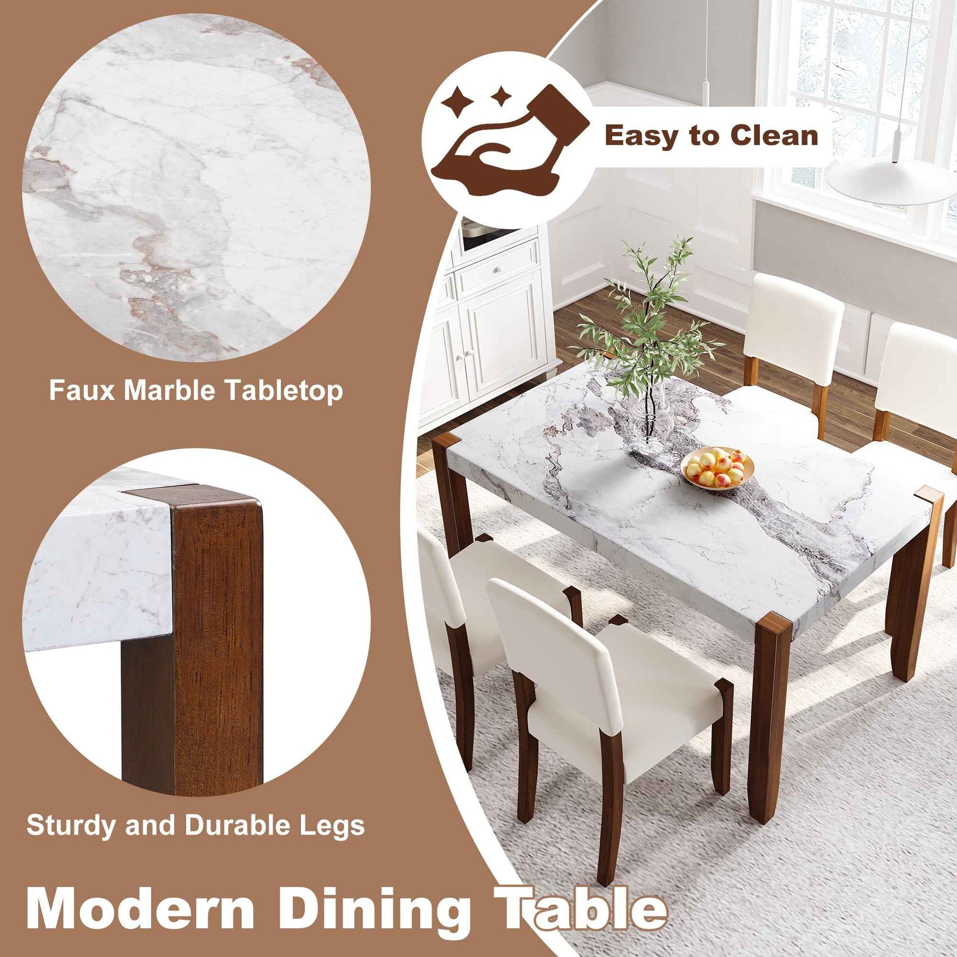 5-Piece Dining Table Set for 4 – 46" Faux Marble Table with Upholstered Chairs, Modern Space-Saving Dinette Set (US Delivery Only)