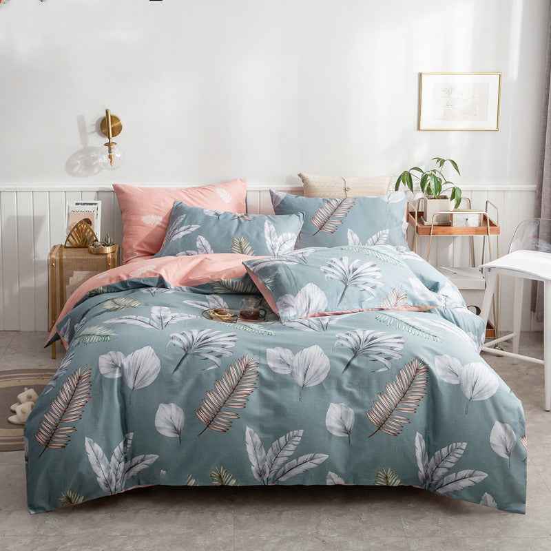 Cotton 4-Piece Bedding Set – Floral Plant Print Bed Linen Set with Duvet Cover