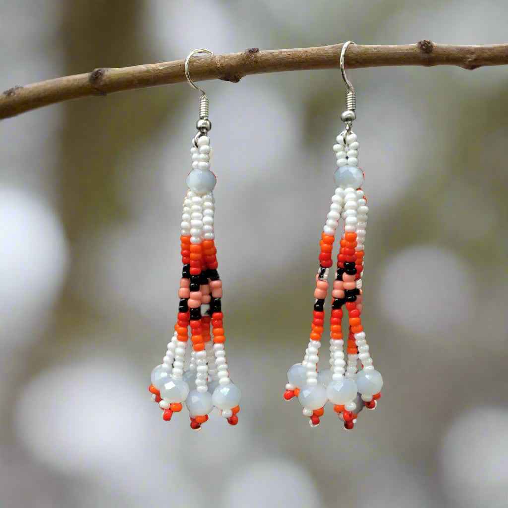 White Six-Strand Beaded Cascade Earrings