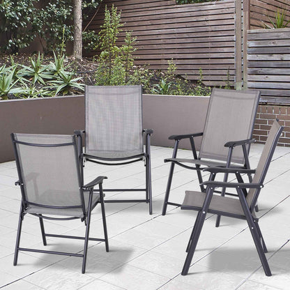 Set of 4 Outdoor Folding Chairs – Stackable Patio Dining Chairs with Armrests, Gray & Black Metal Frame (United States Delivery Only)