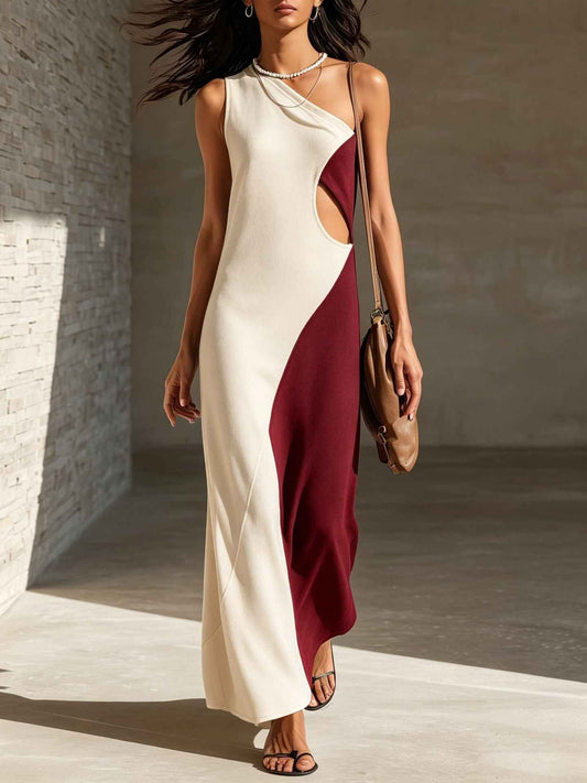 Women's One-Shoulder Color Block Midi Dress – Sleeveless Patchwork Casual Fashion Dress