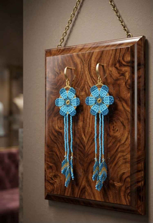 Sun Feather Bloom Beaded Earrings Celeste/gold/turquoise