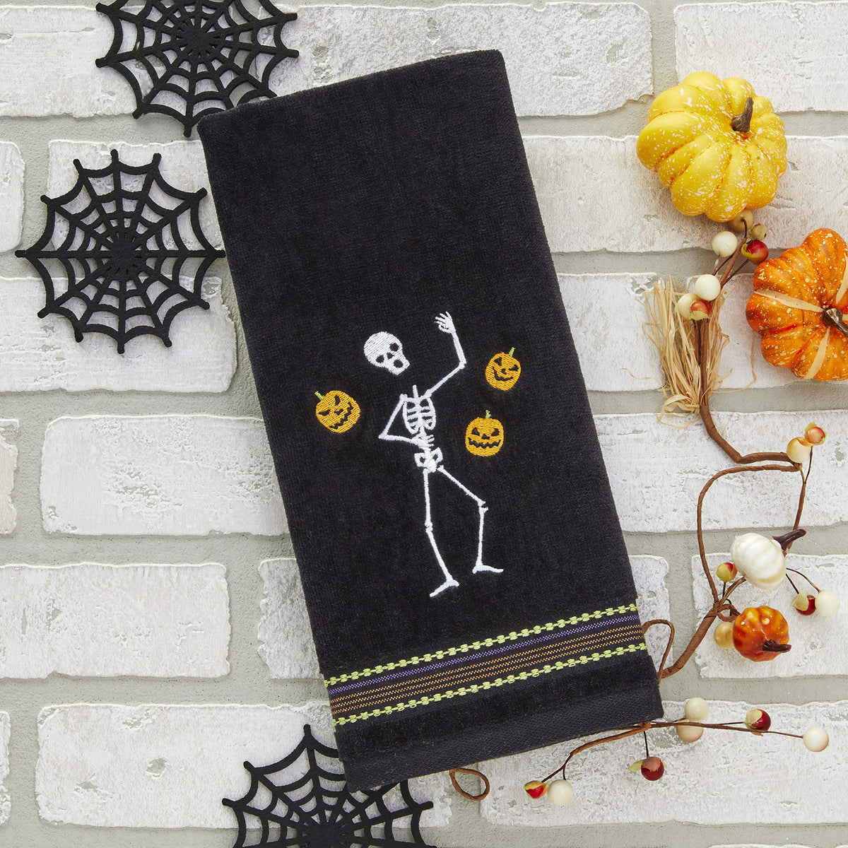 SKL Home Halloween Juggling Skeleton 100% Cotton Embroidered 2pc Hand Towel Set, Decorative for Bath/Kitchen/Bar & Gift, Black