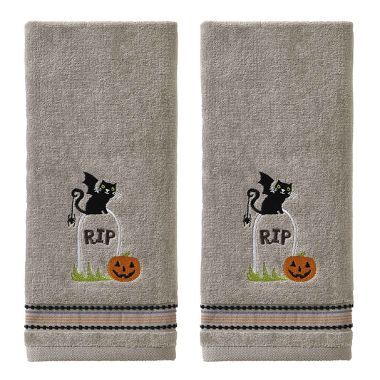 SKL Home Halloween Graveyard Cat Hand Towel 2pc Set for Bath/Kitchen/Bar & Gift, Gray